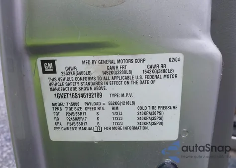 2004 GMC Envoy Xl Slt z USA, uszkodzony, nr VIN 1GKET16S146192189